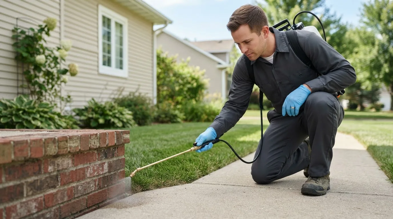 Pest control technician treating a home near Strongsville, OH